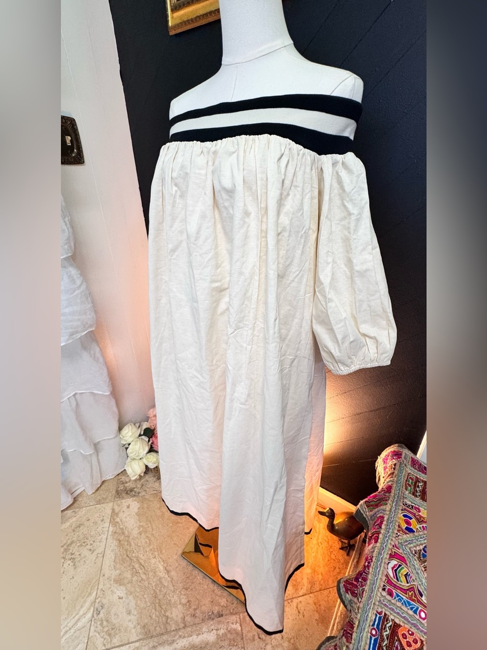 STYLEWE Cream Of-The-Shoulder Puff Sleeve Dress with Black Trim - Picture 4 of 12